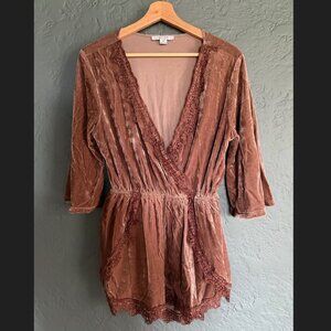 Favlux Mauve Velvet Lace Trim Wrap Romper Medium